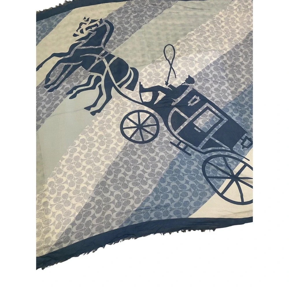 Coach Scarf Womens OS Blue Horse and Carriage Signature C Logo Square Wrap Chic
